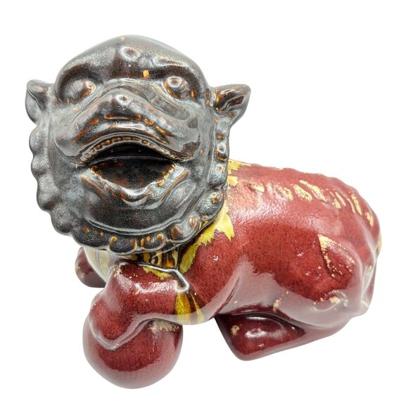 Vintage Ceramic Foo Dog Figurine In Red & Black Glaze Chinese Guardian Lion - Picture 3 of 10